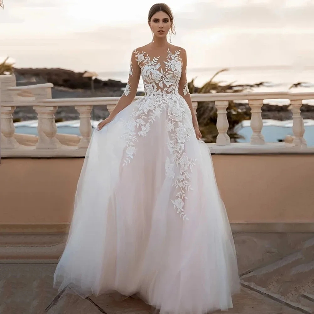 Floral Appliques Wedding Dresses Three Quarter Scoop Neck Backless A-Line Court Train Tulle Bridal Gowns Vestido De Novia 2022