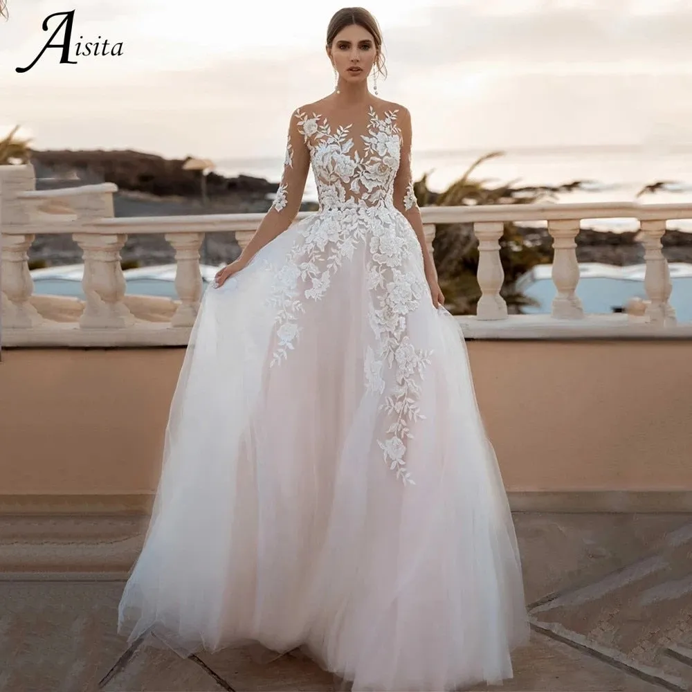 Floral Appliques Wedding Dresses Three Quarter Scoop Neck Backless A-Line Court Train Tulle Bridal Gowns Vestido De Novia 2022