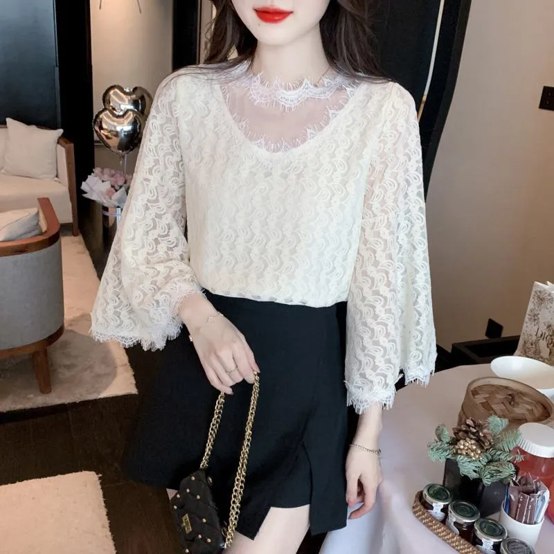 French Style Lace Ruffle Trim Chiffon Blouse