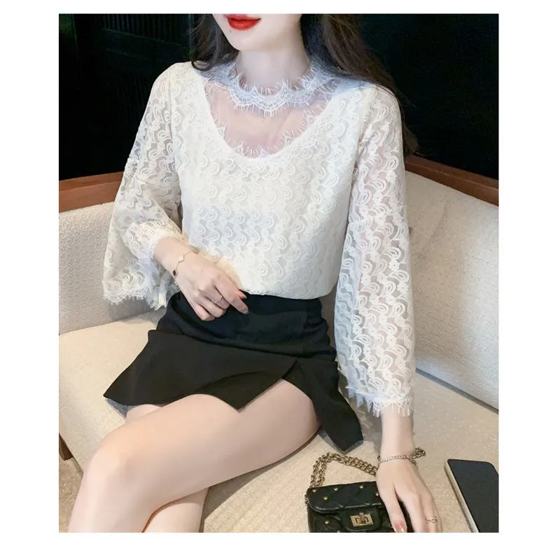 French Style Lace Ruffle Trim Chiffon Blouse