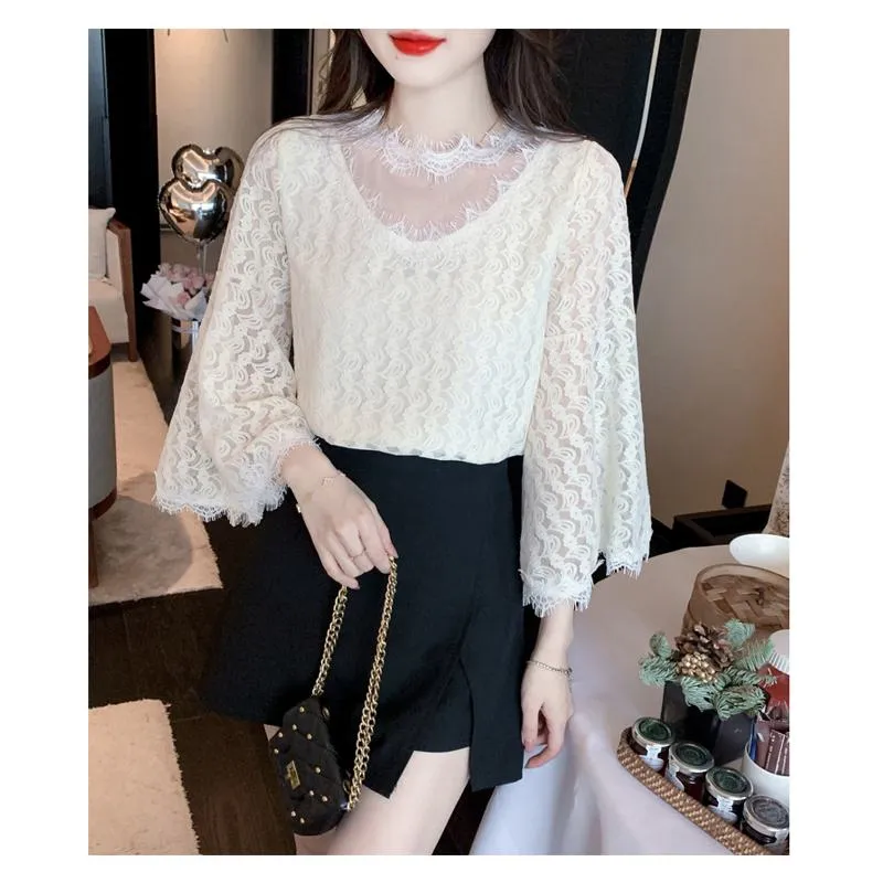 French Style Lace Ruffle Trim Chiffon Blouse