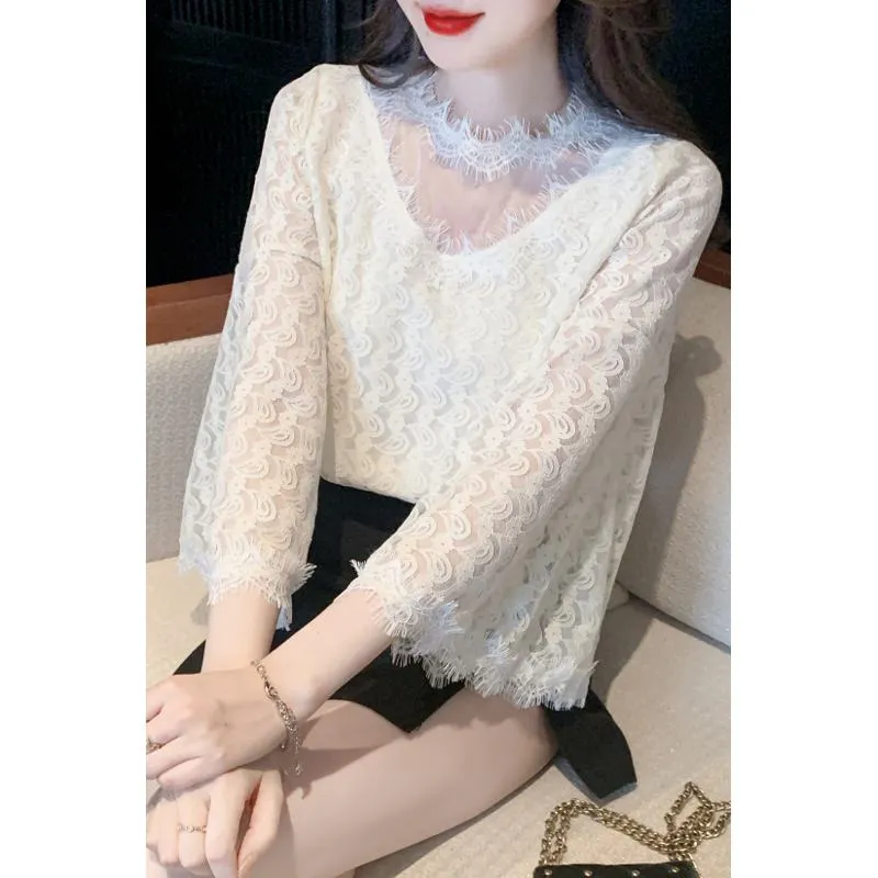 French Style Lace Ruffle Trim Chiffon Blouse