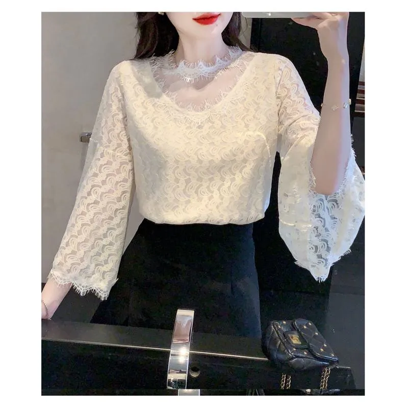 French Style Lace Ruffle Trim Chiffon Blouse