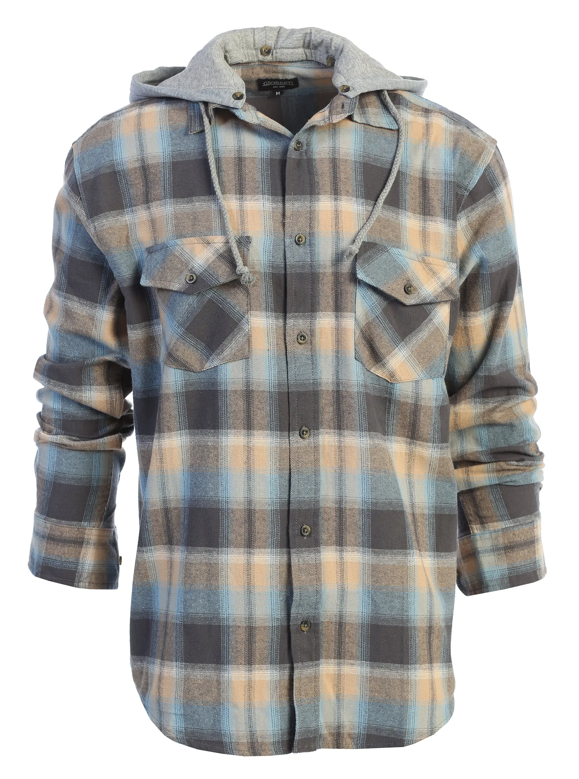 Gioberti Men's Blue / Gold Removable Hoodie Plaid Checkered Flannel Button Down Shirt