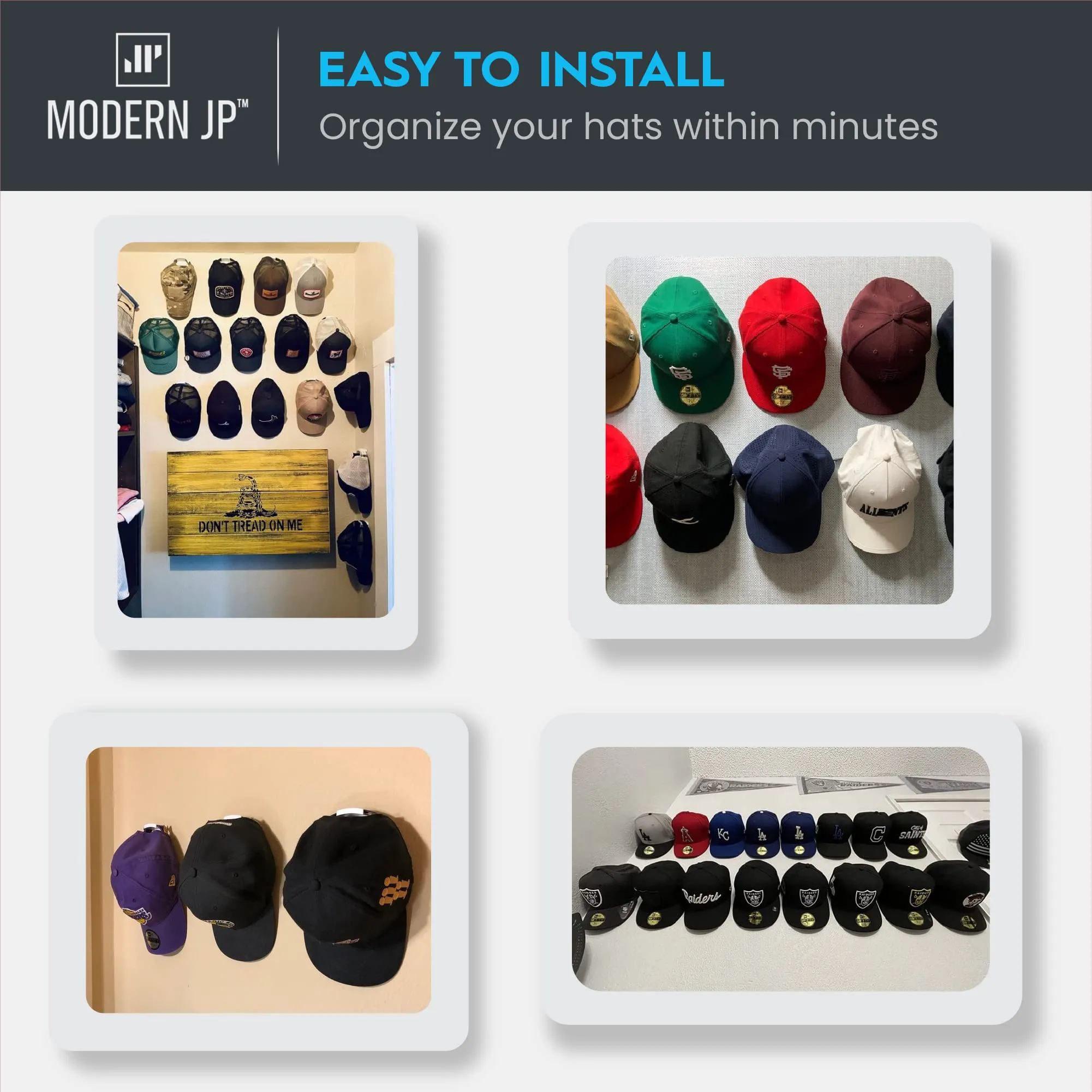 Hat Hooks for Wall (16-Pack) - Minimalist Hat Rack Design, No Drilling