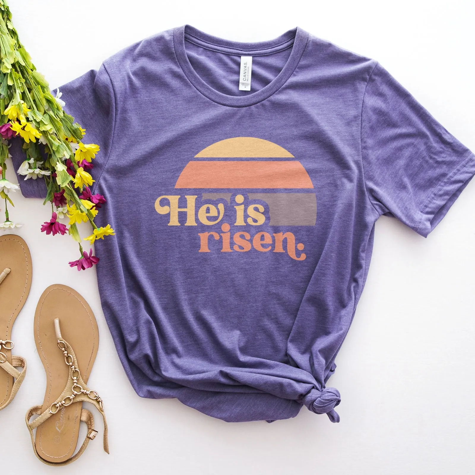 He is Risen Retro Sunset Tee Shirts For Women - Christian Easter T Shirts