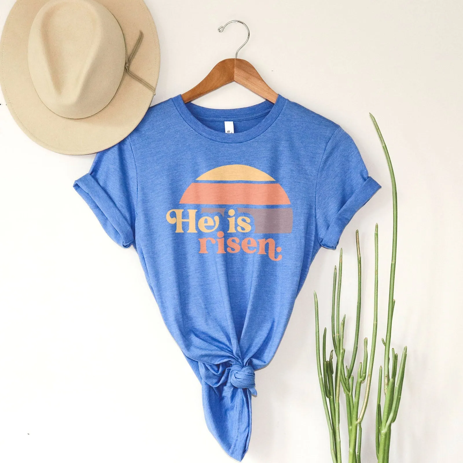 He is Risen Retro Sunset Tee Shirts For Women - Christian Easter T Shirts