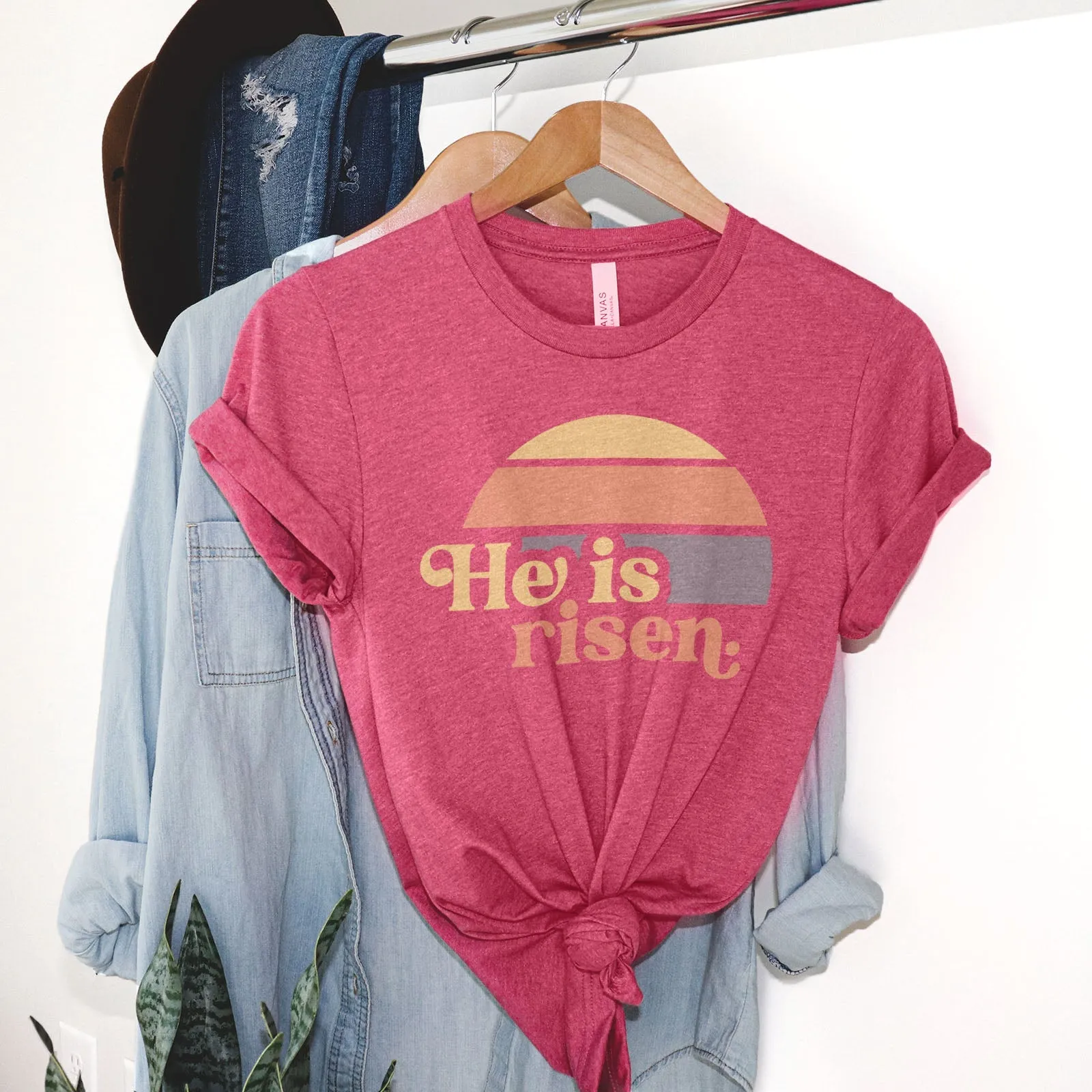 He is Risen Retro Sunset Tee Shirts For Women - Christian Easter T Shirts