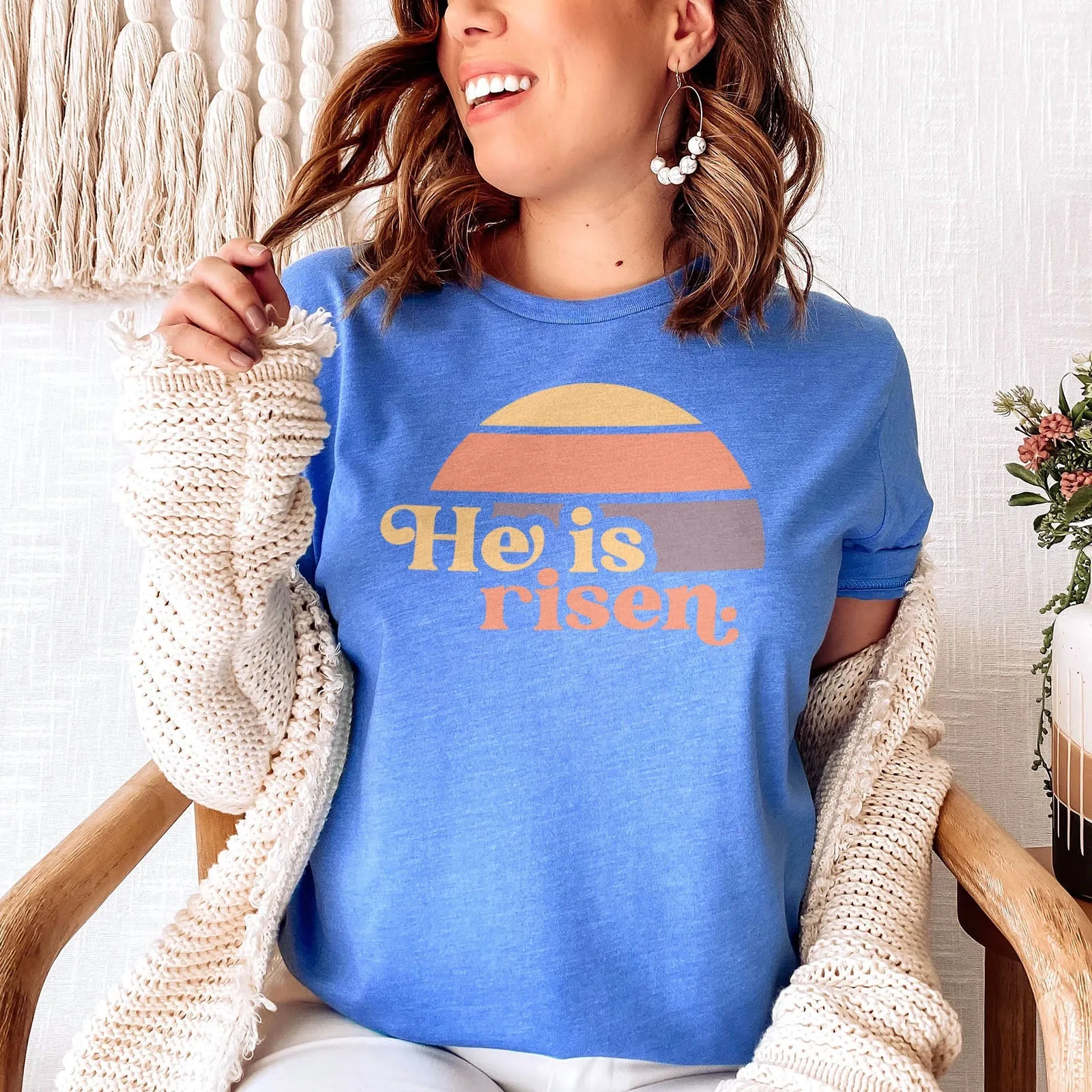 He is Risen Retro Sunset Tee Shirts For Women - Christian Easter T Shirts