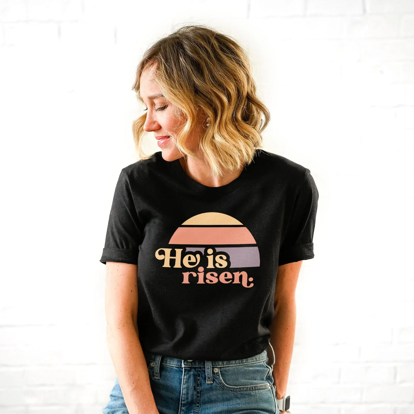 He is Risen Retro Sunset Tee Shirts For Women - Christian Easter T Shirts