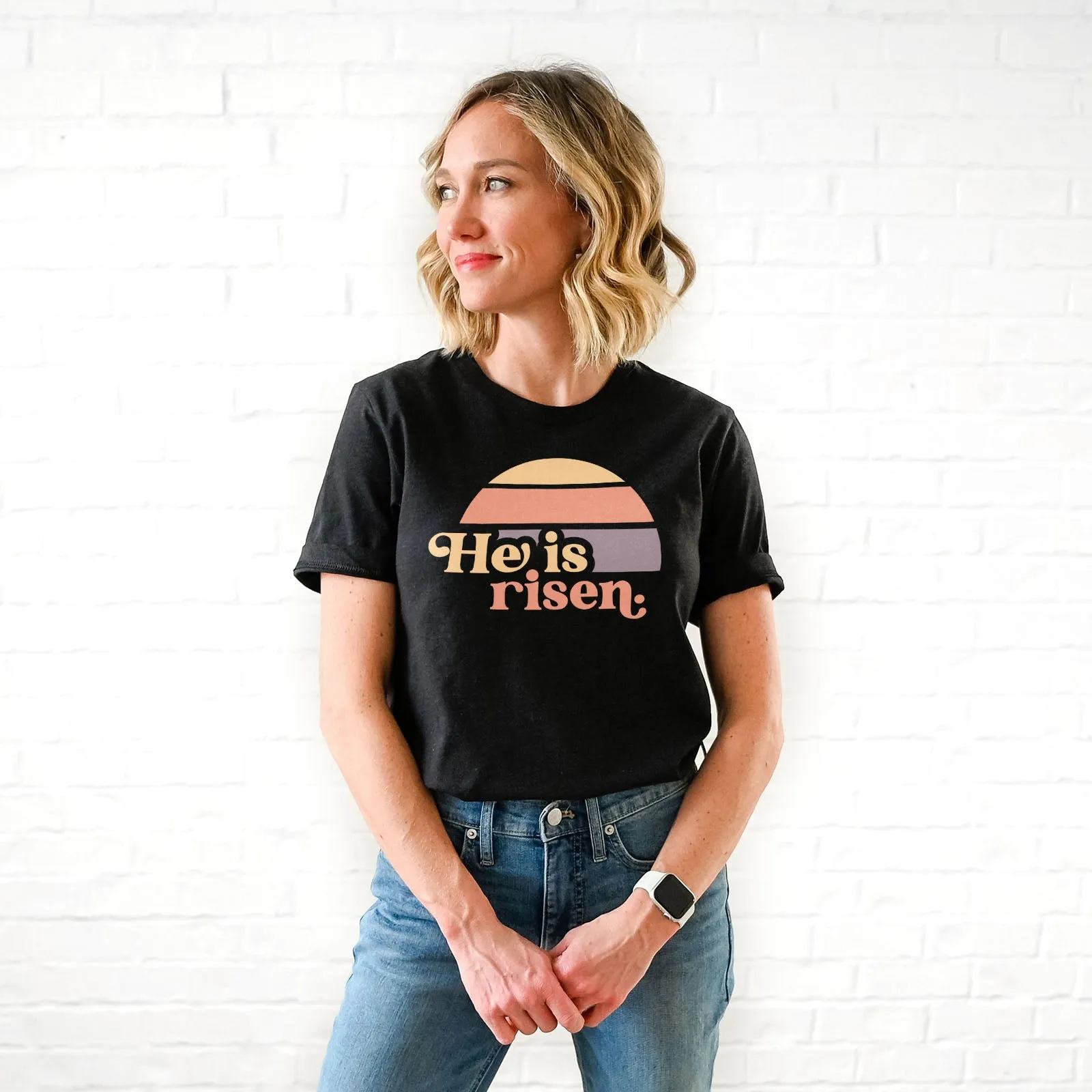 He is Risen Retro Sunset Tee Shirts For Women - Christian Easter T Shirts