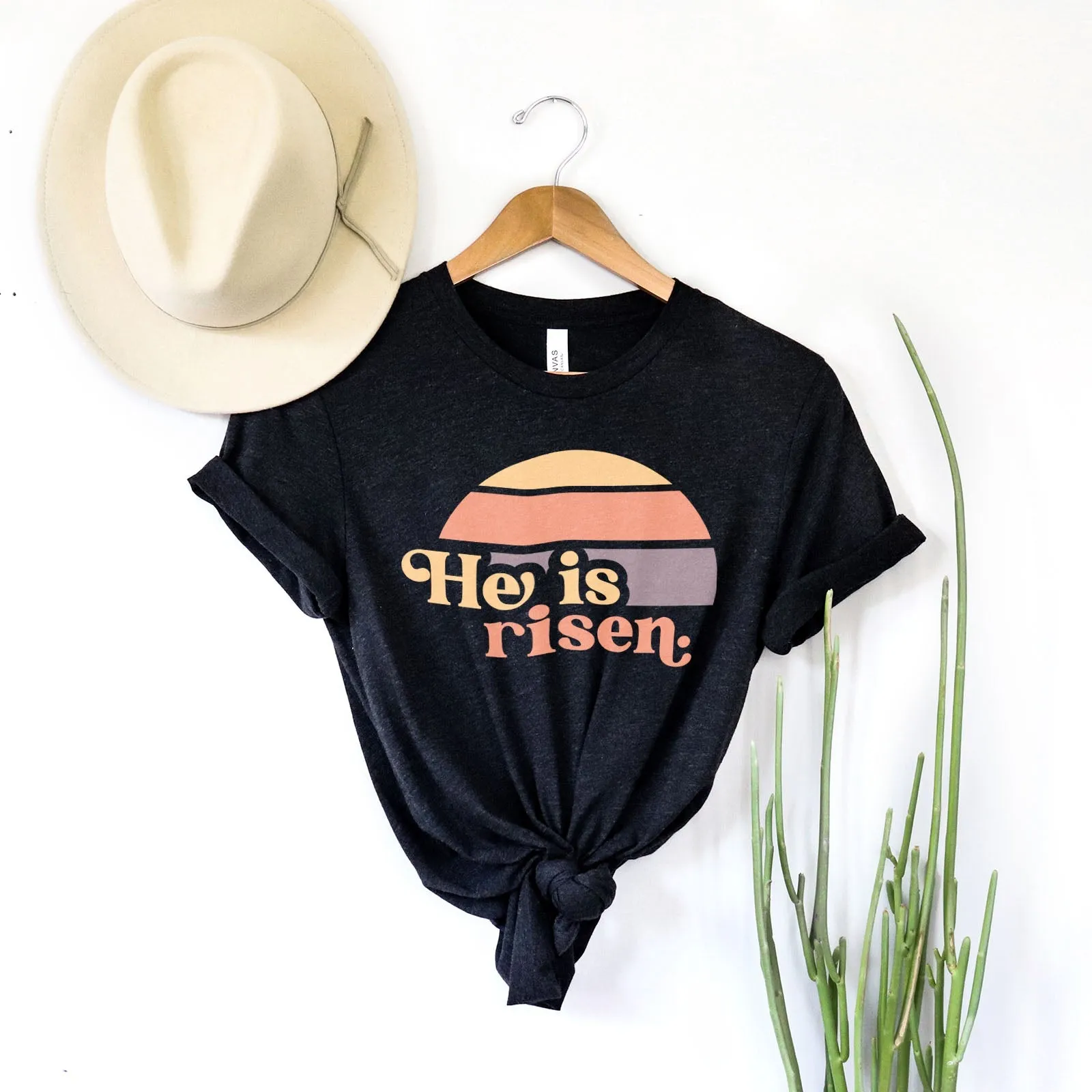 He is Risen Retro Sunset Tee Shirts For Women - Christian Easter T Shirts