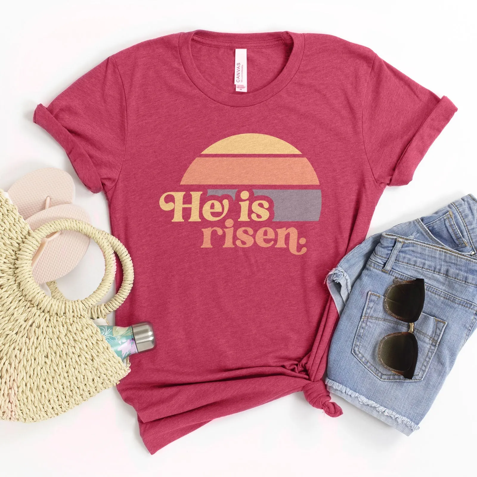 He is Risen Retro Sunset Tee Shirts For Women - Christian Easter T Shirts