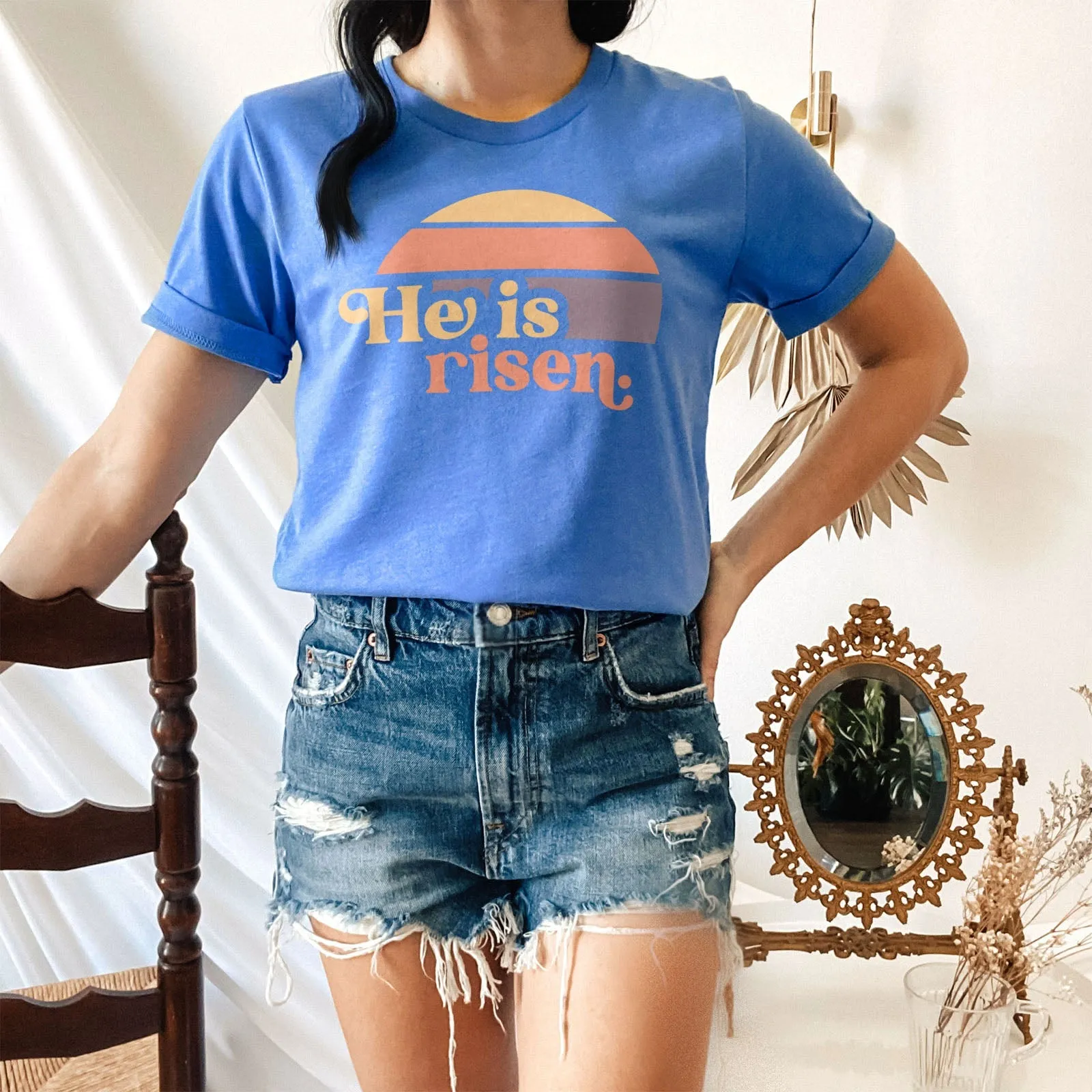 He is Risen Retro Sunset Tee Shirts For Women - Christian Easter T Shirts