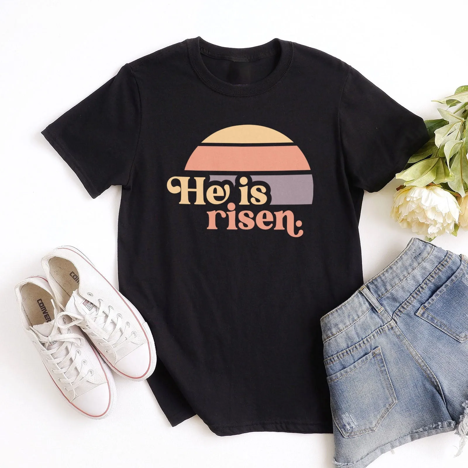 He is Risen Retro Sunset Tee Shirts For Women - Christian Easter T Shirts