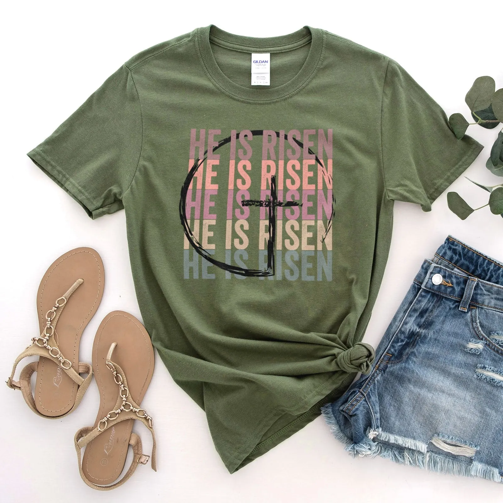 He Is Risen Stacked Easter Rainbow Tee Shirts For Women - Christian Easter T Shirts