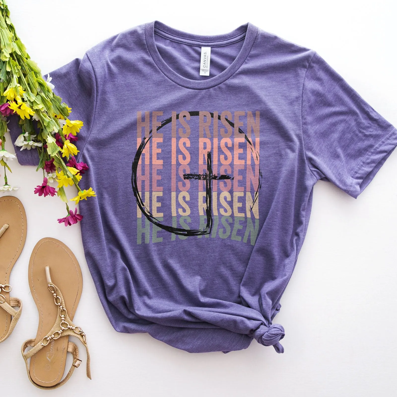 He Is Risen Stacked Easter Rainbow Tee Shirts For Women - Christian Easter T Shirts