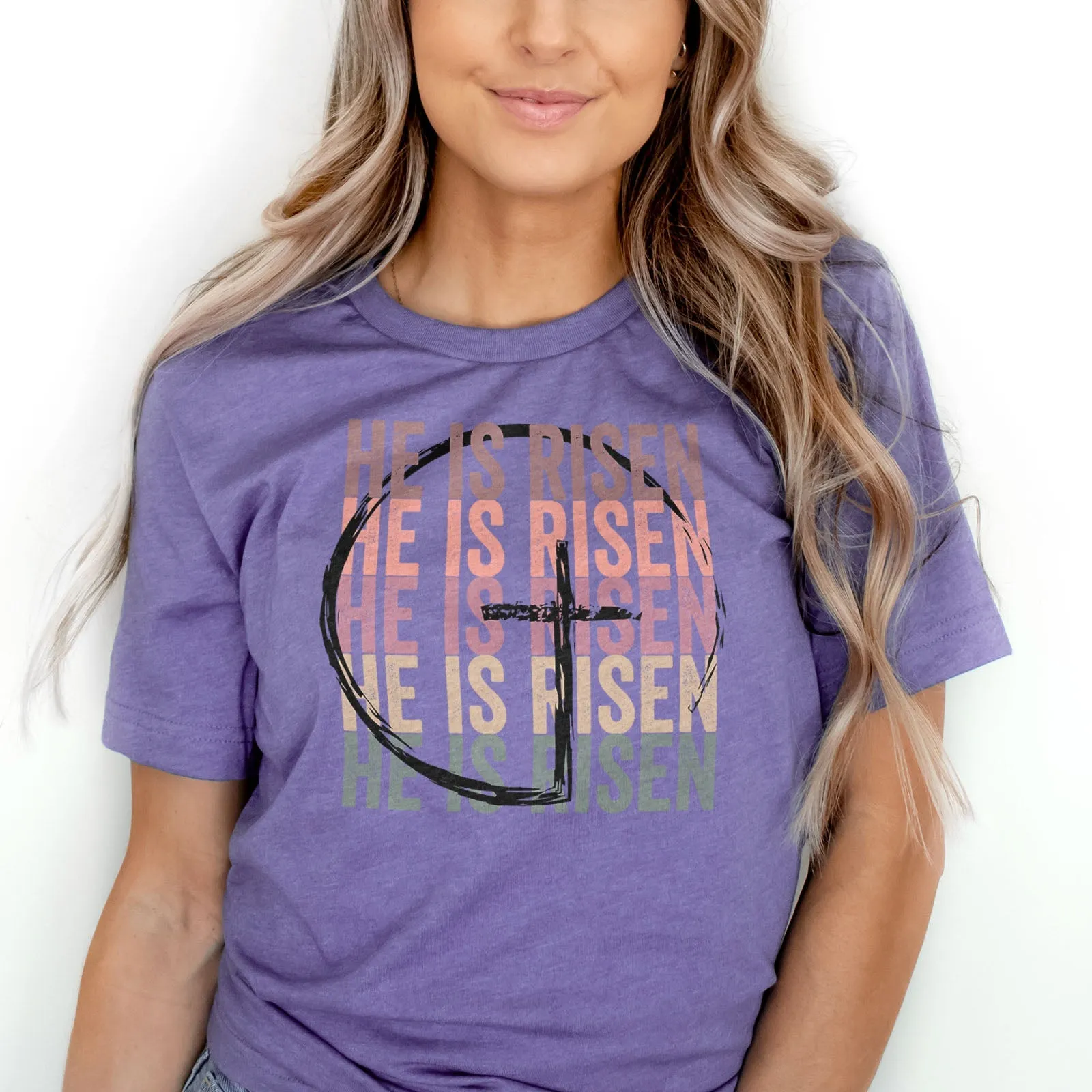 He Is Risen Stacked Easter Rainbow Tee Shirts For Women - Christian Easter T Shirts