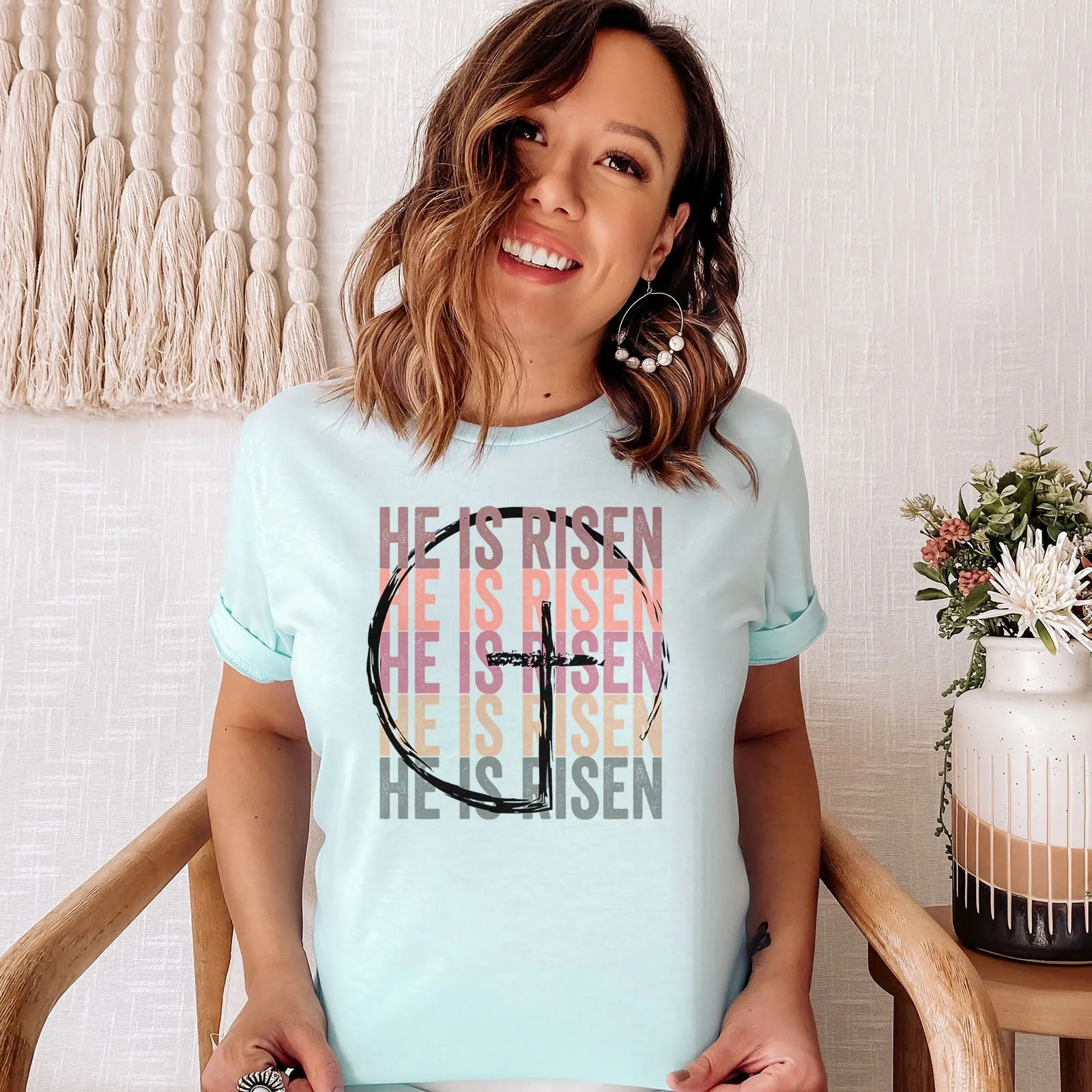 He Is Risen Stacked Easter Rainbow Tee Shirts For Women - Christian Easter T Shirts