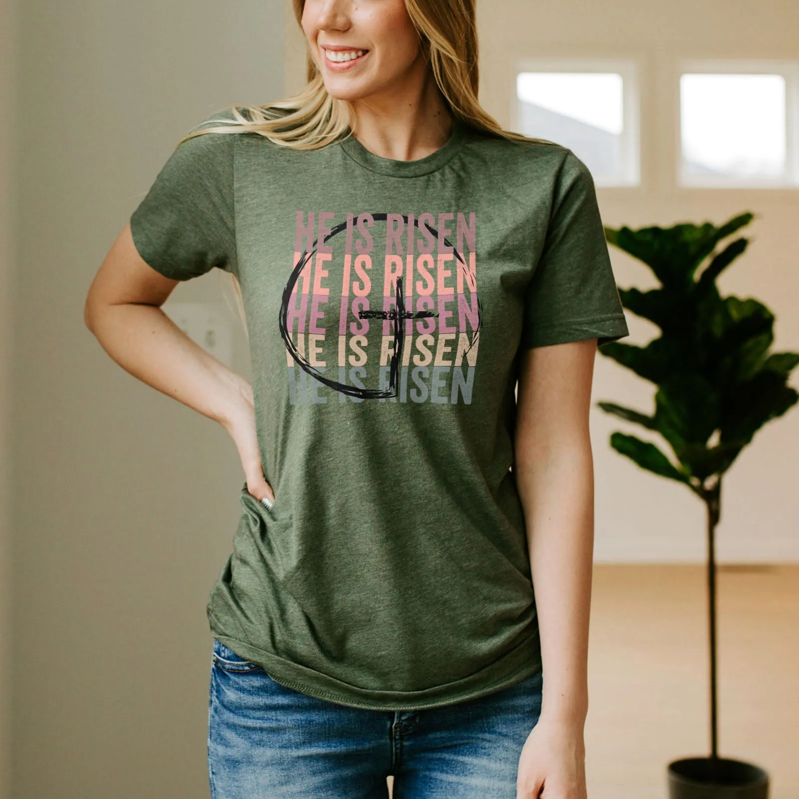 He Is Risen Stacked Easter Rainbow Tee Shirts For Women - Christian Easter T Shirts