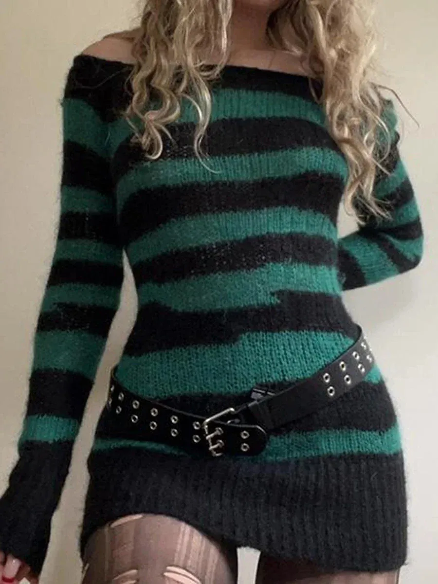 Knitted Jumper Long Stripe Pattern Punk Ripped Hollow Knit Sweater Vintage Loose Knitwear Casual Gothic Dress