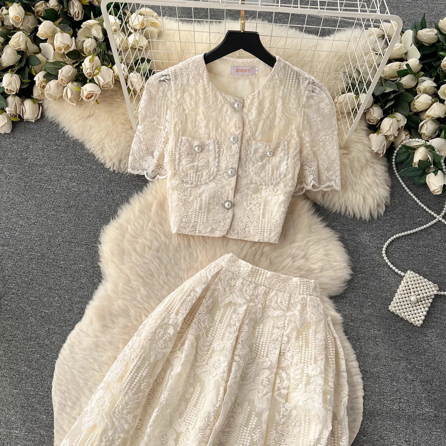 lace puff sleeve shirt two-piece     S4569