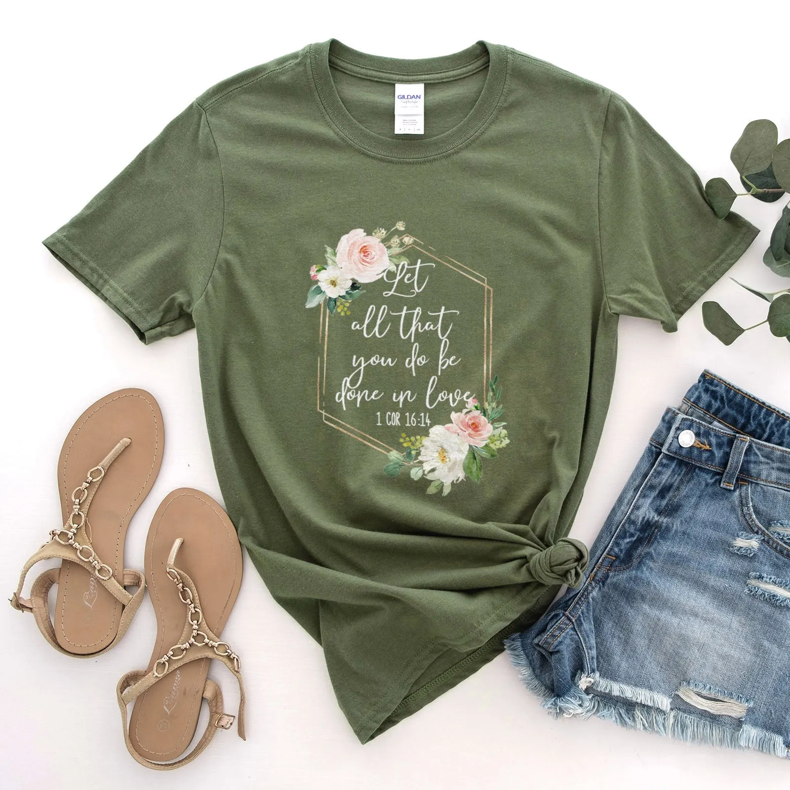 Let All That You Do Be Done With Love 1 Corinthians 16:14 Floral Glitter Tee Shirts For Women - Christian Shirts for Women