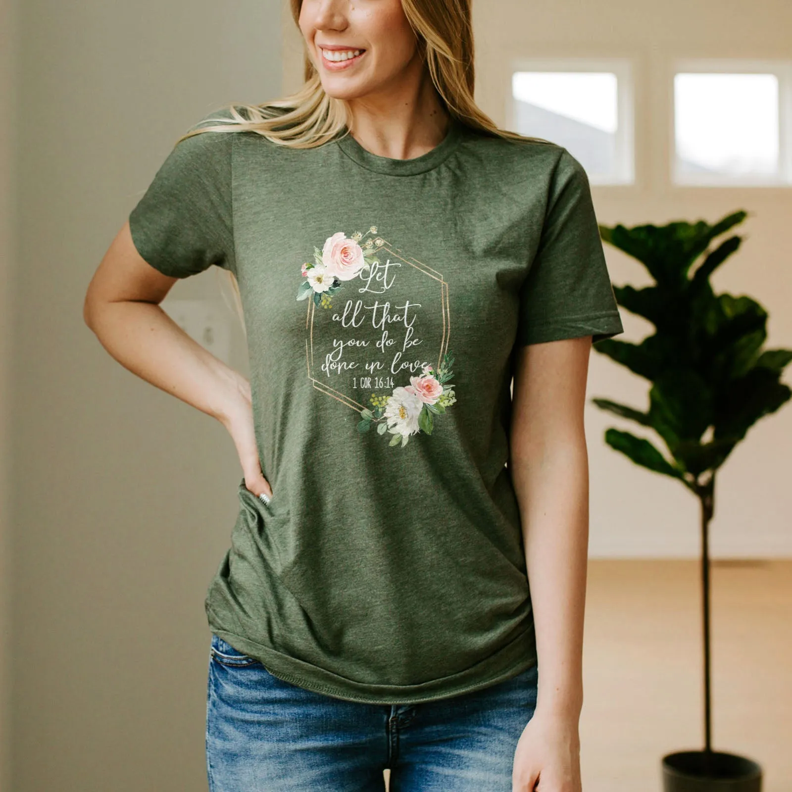 Let All That You Do Be Done With Love 1 Corinthians 16:14 Floral Glitter Tee Shirts For Women - Christian Shirts for Women