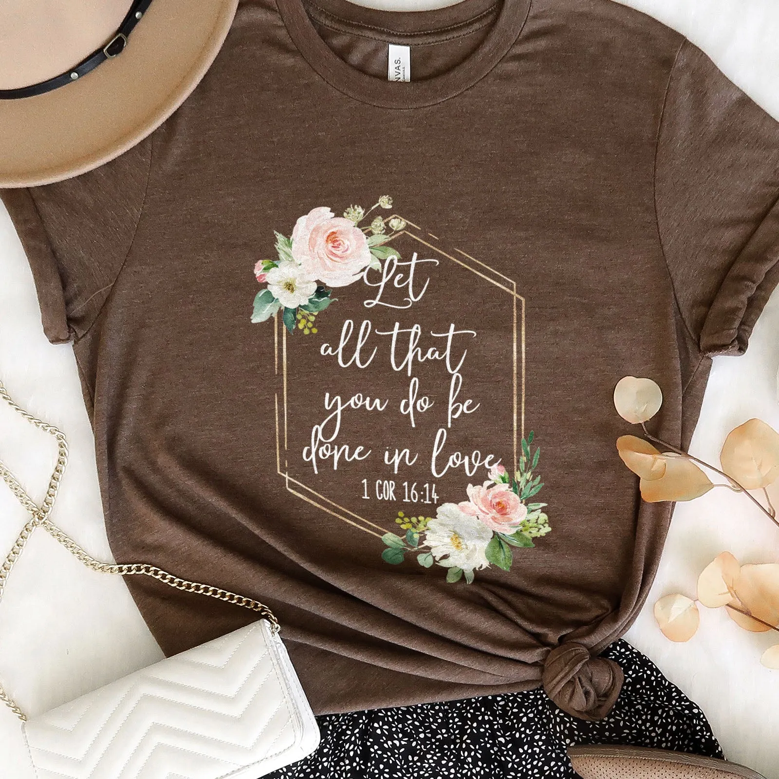 Let All That You Do Be Done With Love 1 Corinthians 16:14 Floral Glitter Tee Shirts For Women - Christian Shirts for Women