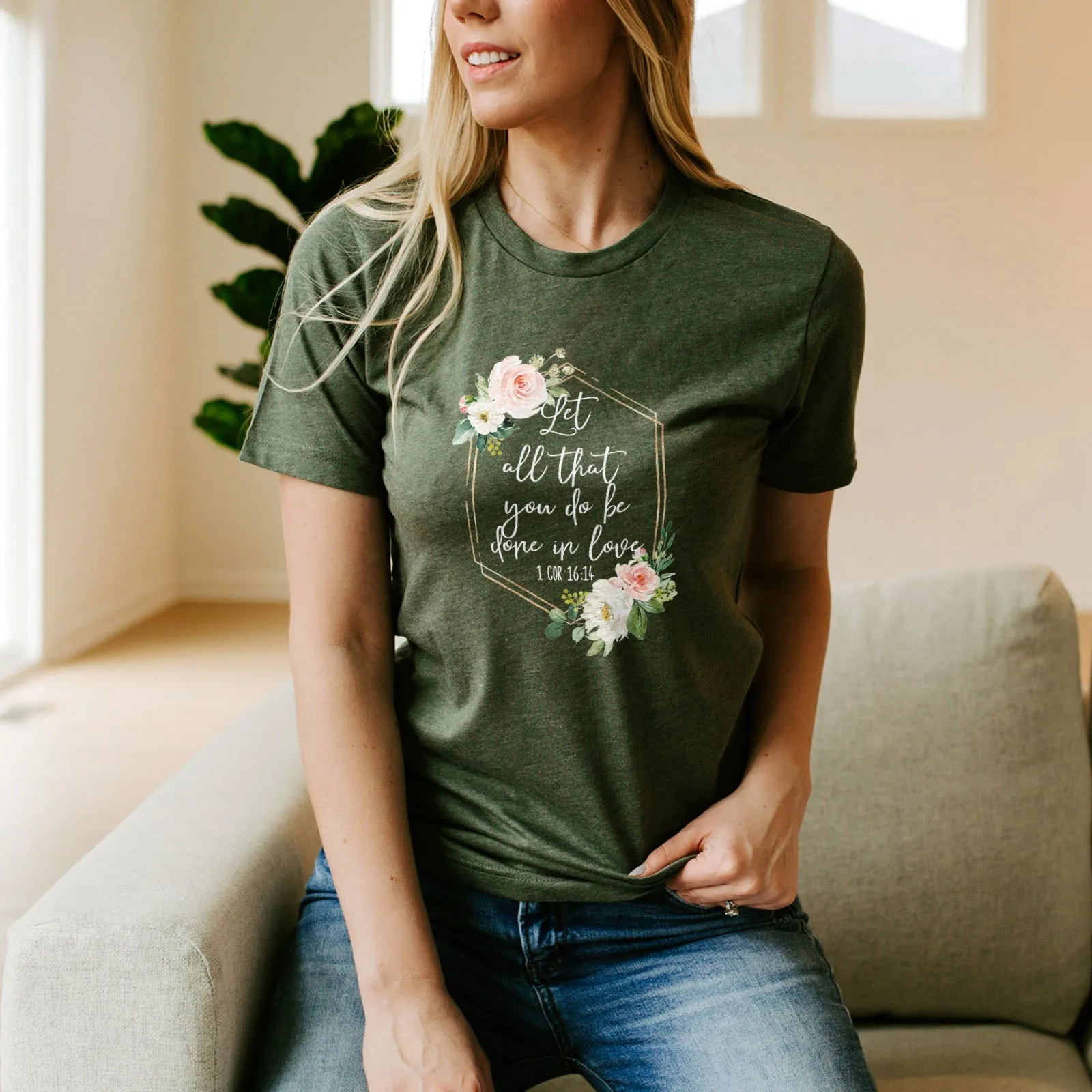 Let All That You Do Be Done With Love 1 Corinthians 16:14 Floral Glitter Tee Shirts For Women - Christian Shirts for Women