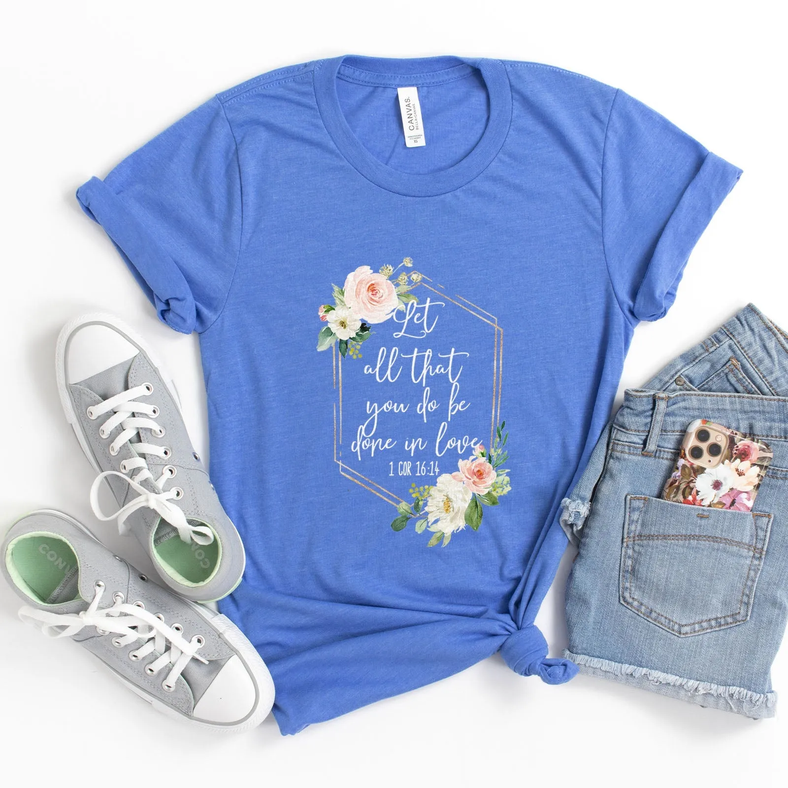 Let All That You Do Be Done With Love 1 Corinthians 16:14 Floral Glitter Tee Shirts For Women - Christian Shirts for Women