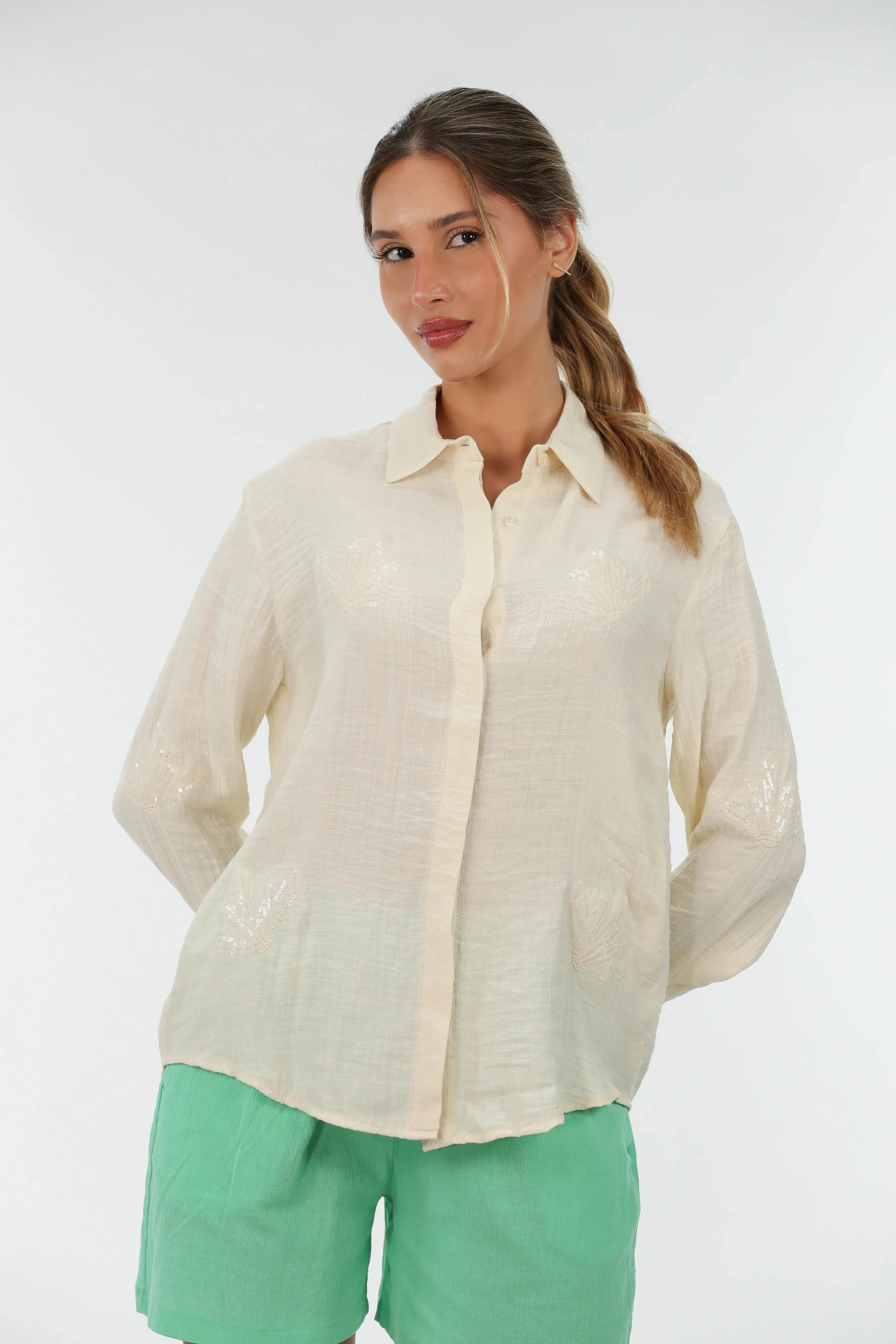 Long Sleeve Beige Shirt With Front Simple Design