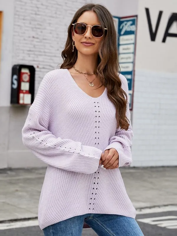 Long Sleeve Sweater With Pocket Solid Color V-neck Pullover Knitwear Women Tops