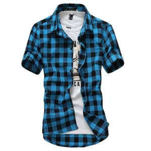 Men Lapel Short-Sleeve Plaid Shirt