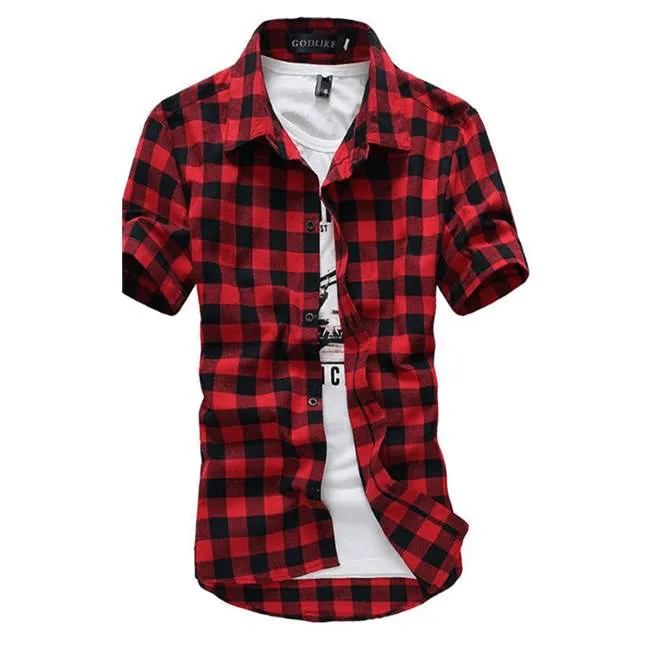 Men Lapel Short-Sleeve Plaid Shirt