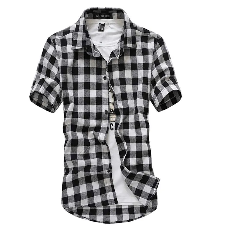 Men Lapel Short-Sleeve Plaid Shirt