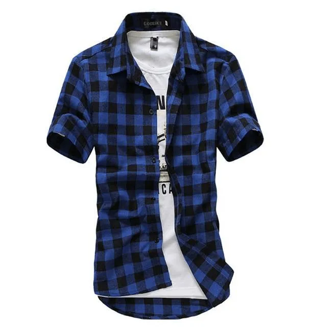 Men Lapel Short-Sleeve Plaid Shirt