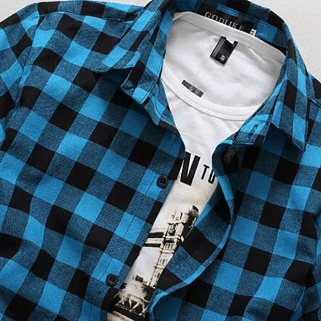 Men Lapel Short-Sleeve Plaid Shirt