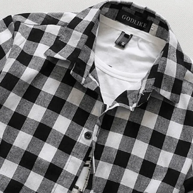 Men Lapel Short-Sleeve Plaid Shirt