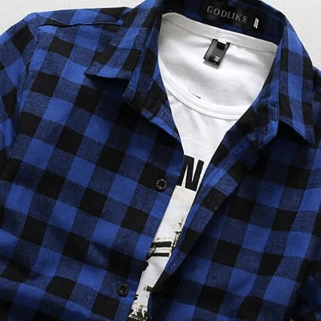 Men Lapel Short-Sleeve Plaid Shirt