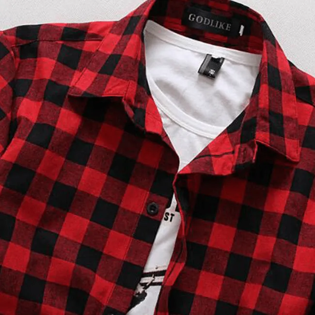 Men Lapel Short-Sleeve Plaid Shirt