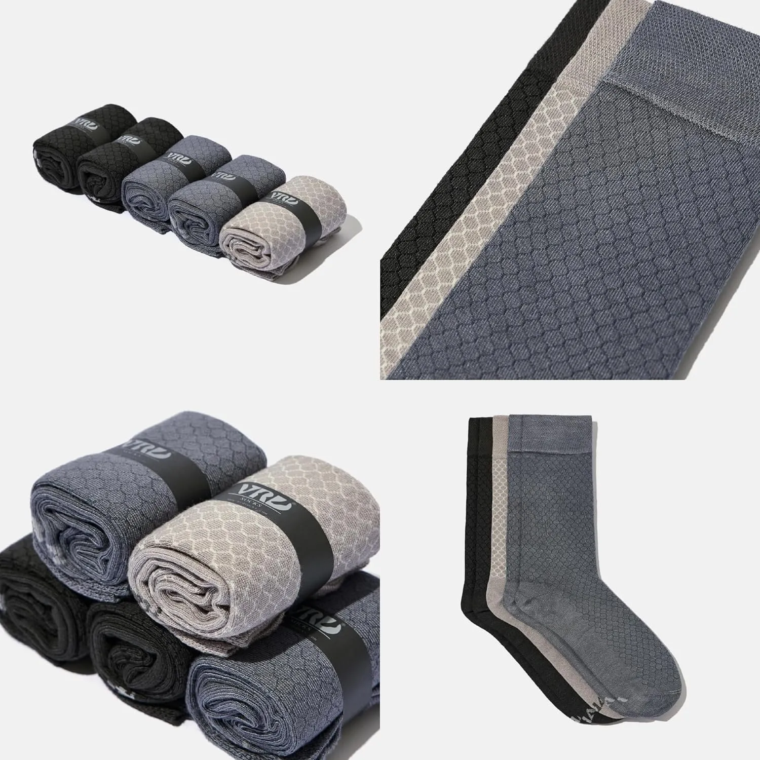 Men's Bamboo Dress Socks • Assorted Honeycomb Pack of 5 Pairs • Grey Mix-1