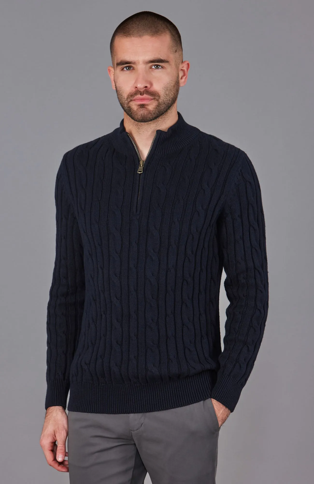 Mens Midweight Cotton Cable Zip Neck Jumper