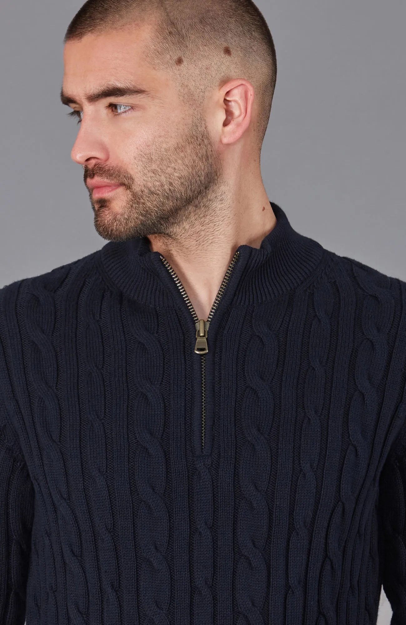 Mens Midweight Cotton Cable Zip Neck Jumper