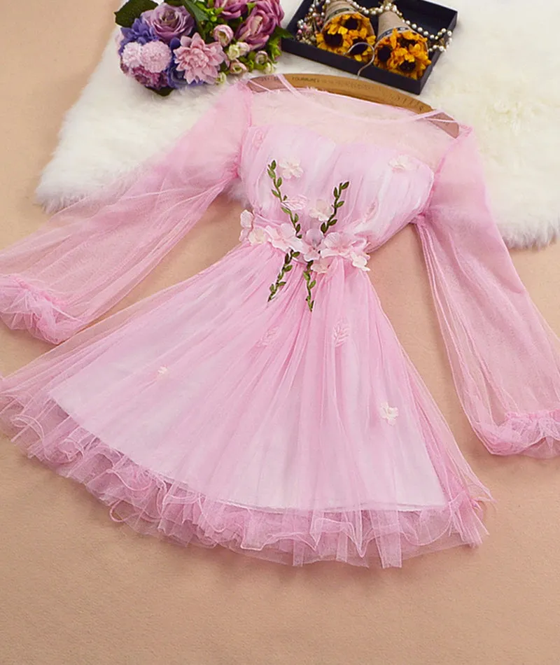 Mesh long sleeve tulle applique short dress party dress   S85