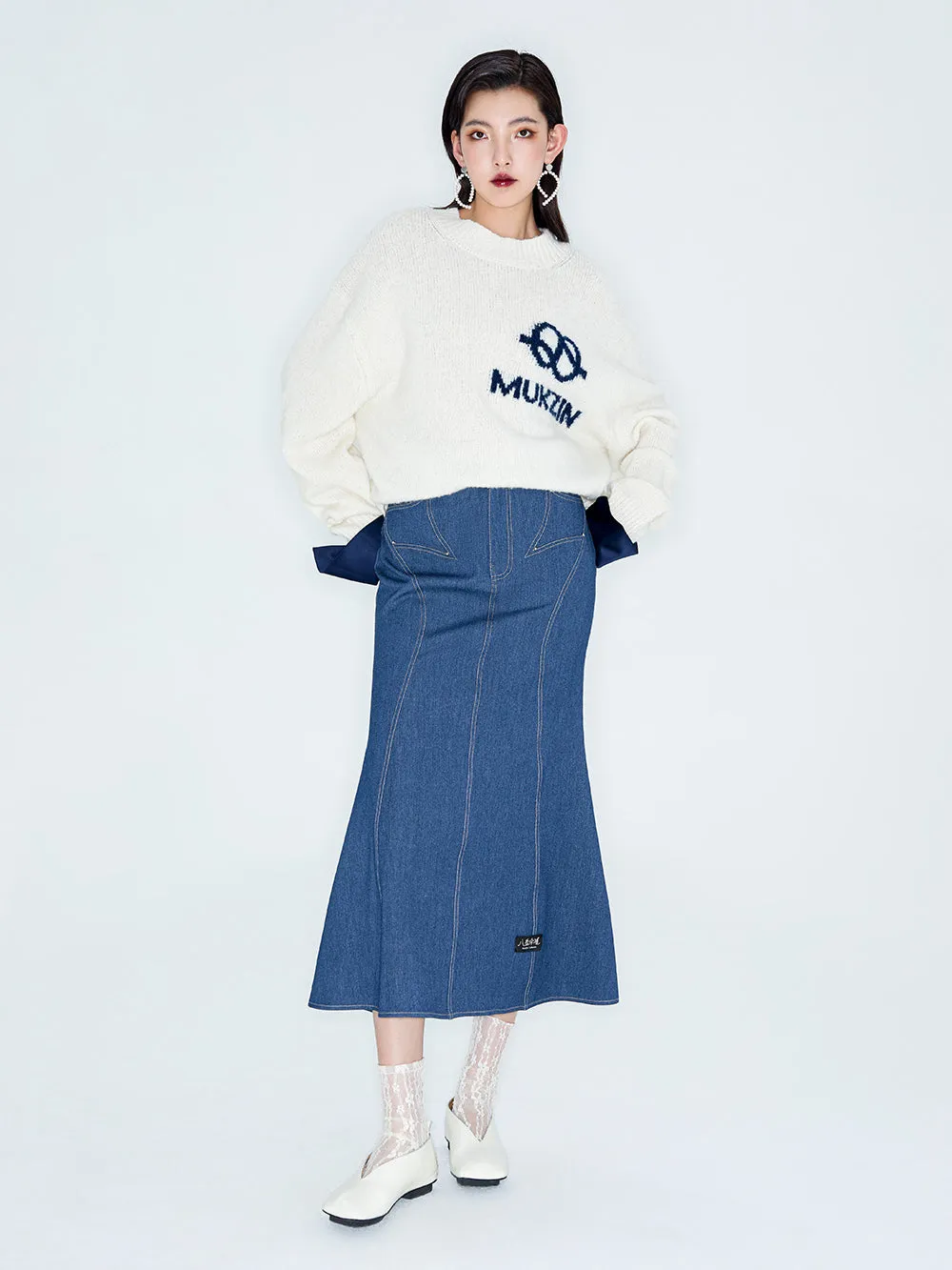 MUKZIN Linglong "Bafang Linglong" detachable Cuffs Crew Neck White Wool Top