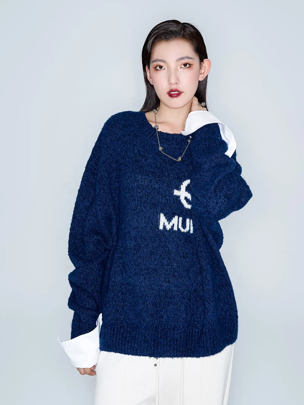 MUKZIN Linglong "Bafang Linglong" detachable Cuffs Crew Neck White Wool Top