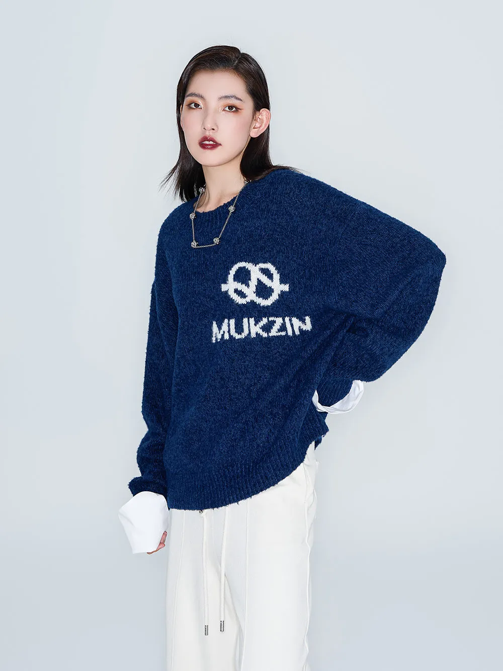 MUKZIN Linglong "Bafang Linglong" detachable Cuffs Crew Neck White Wool Top