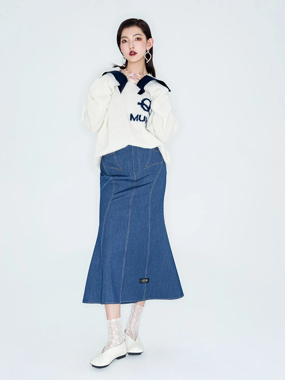 MUKZIN Linglong "Bafang Linglong" detachable Cuffs Crew Neck White Wool Top