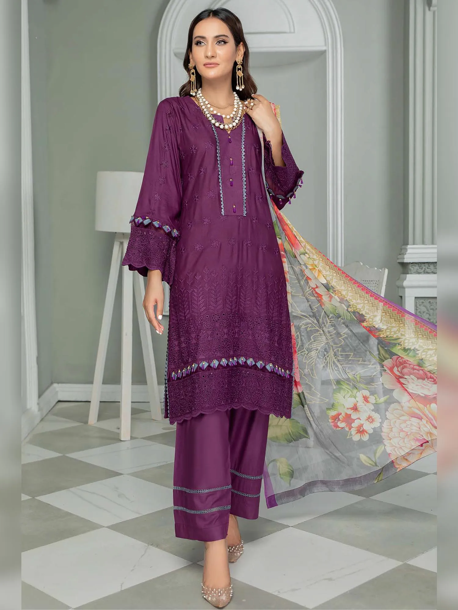 Munira Plum Luxury Schiffli Linen Suit (D-02)